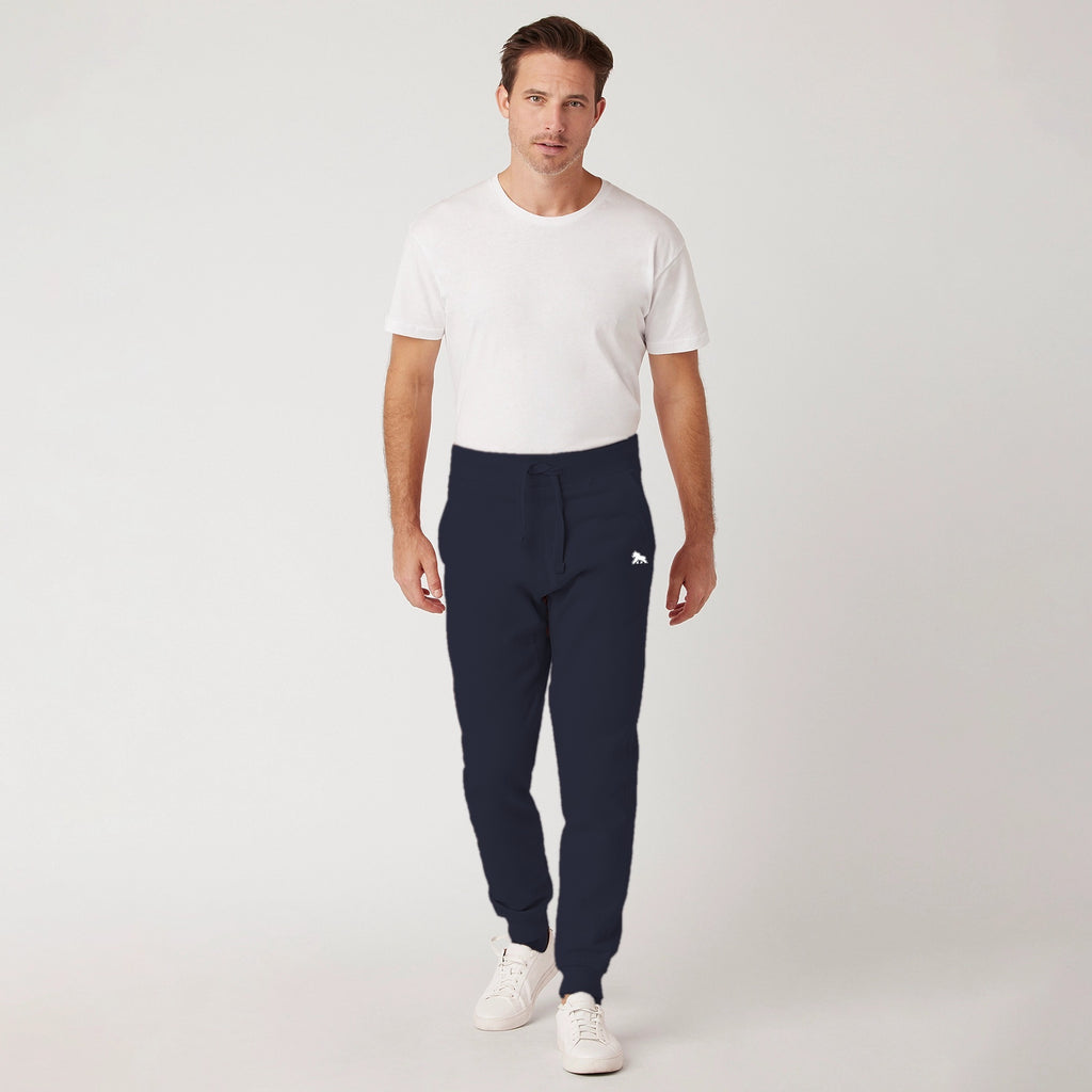 FIT APE men's premium fleece joggers in navy blazer - front view on model