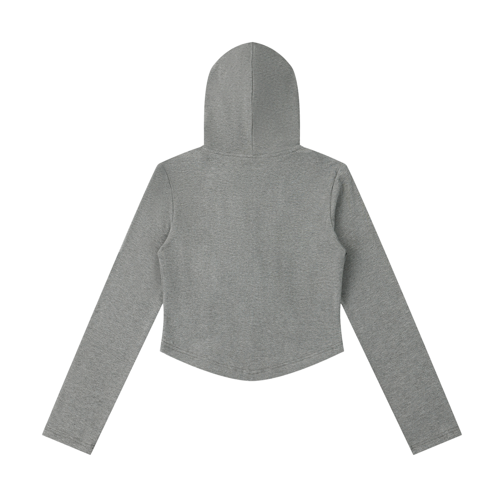 Gray FIT APE women's slim cropped zip hoodie with curved hem, back view