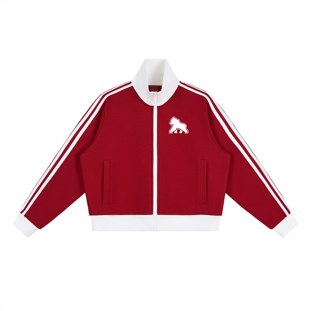 Red FIT APE cropped track jacket with white trim and chest gorilla, front view