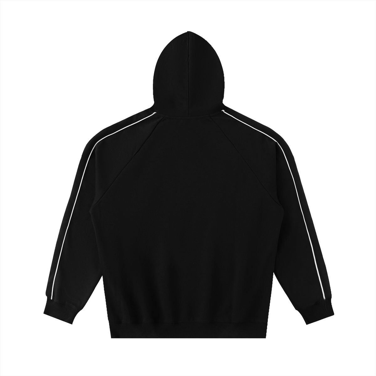 Black FIT APE Pipeline raglan hoodie with white sleeve piping, back view