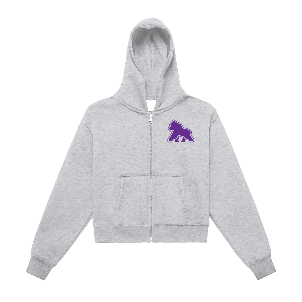 Light gray FIT APE cropped zip hoodie with purple chest gorilla, front view