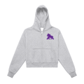 Light gray FIT APE cropped zip hoodie with purple chest gorilla, front view