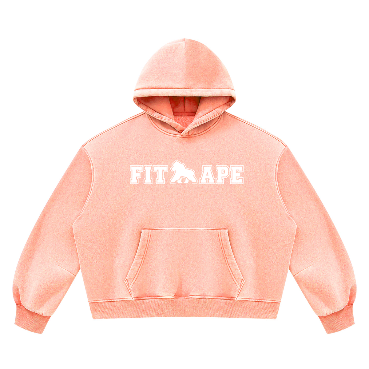 Peach FIT APE vintage-wash boxy hoodie with white chest lettering, front view