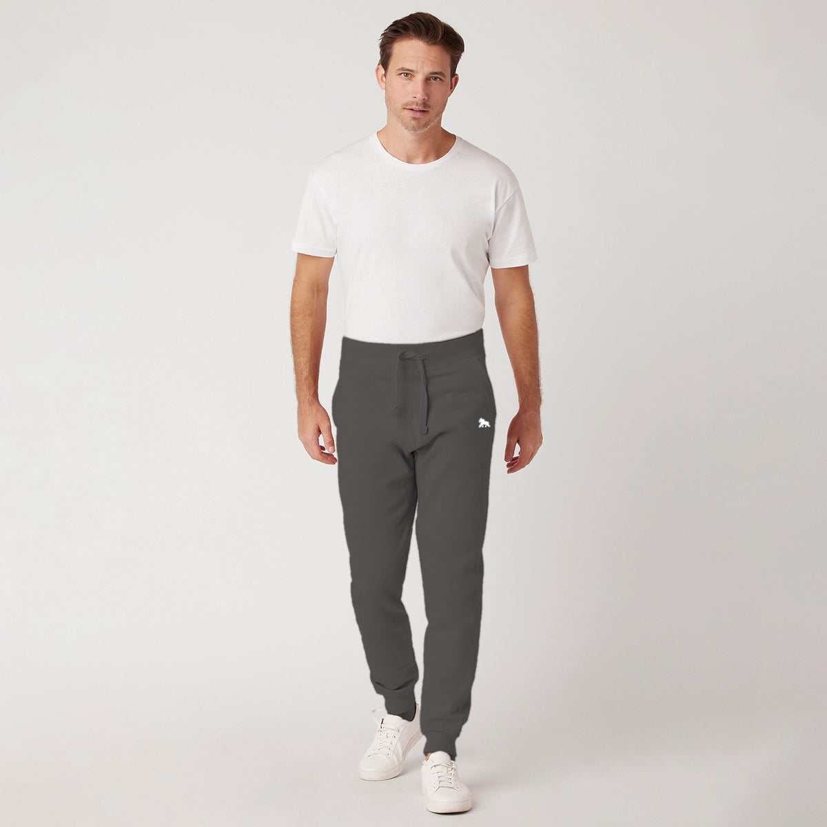 FIT APE men's premium fleece joggers in charcoal heather - front view on model