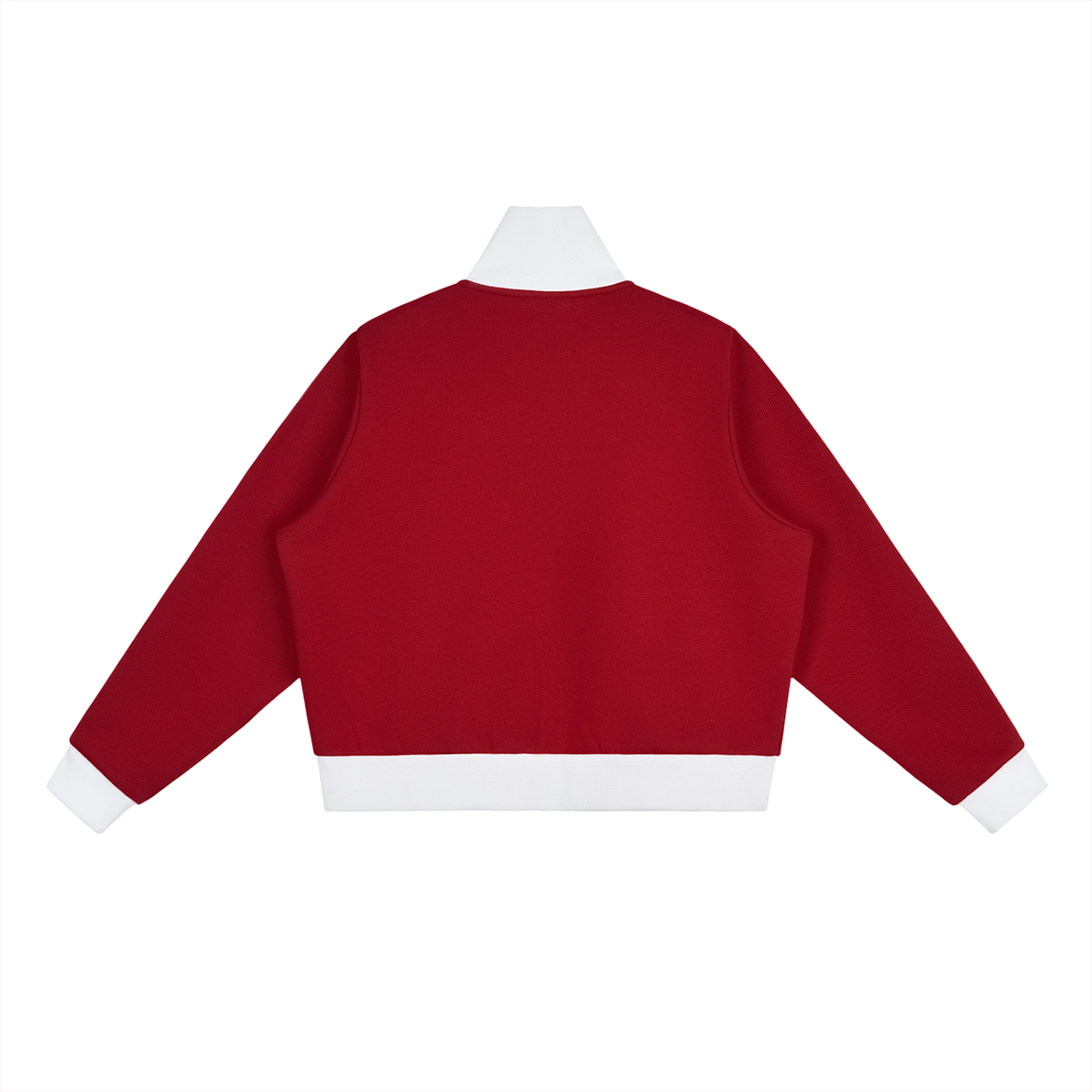 Red FIT APE cropped track jacket with white collar, cuffs, and hem, back view