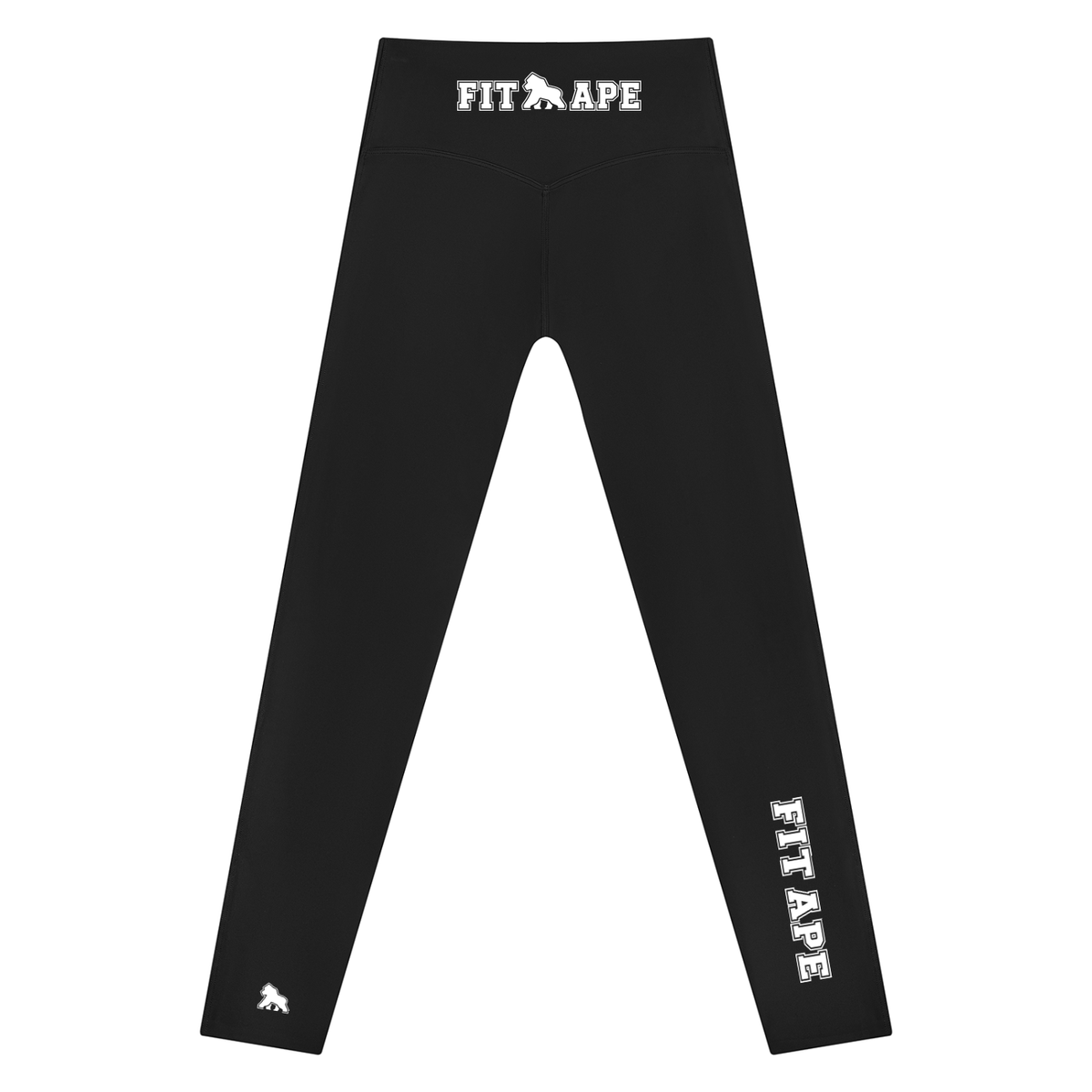 Black FIT APE yoga leggings with white waistband lettering and lower-leg logos