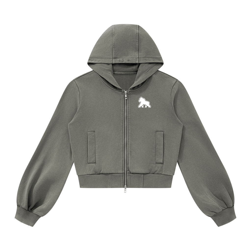 Washed gray-green FIT APE women's zip hoodie with white chest gorilla, front view