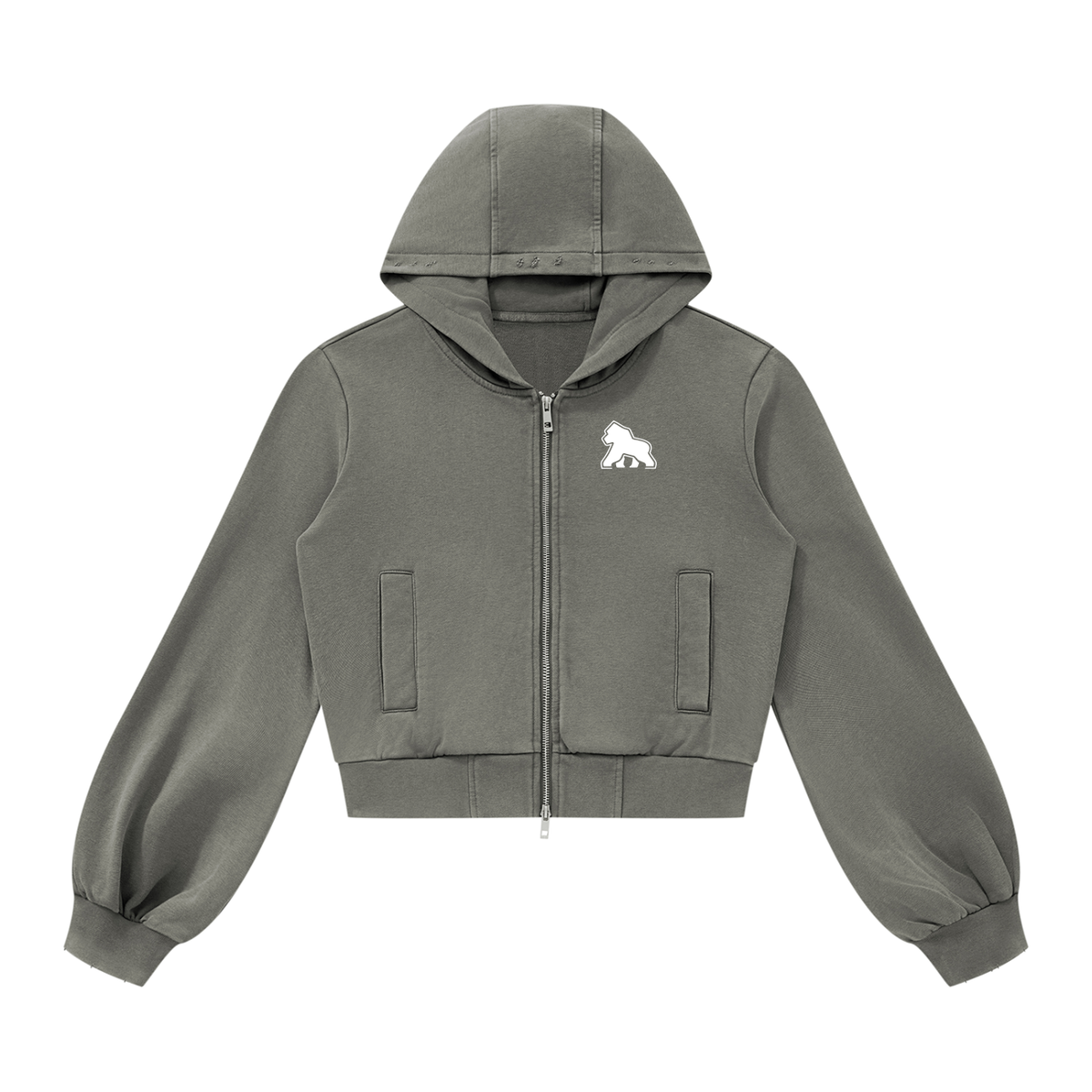 Washed gray-green FIT APE women's zip hoodie with white chest gorilla, front view