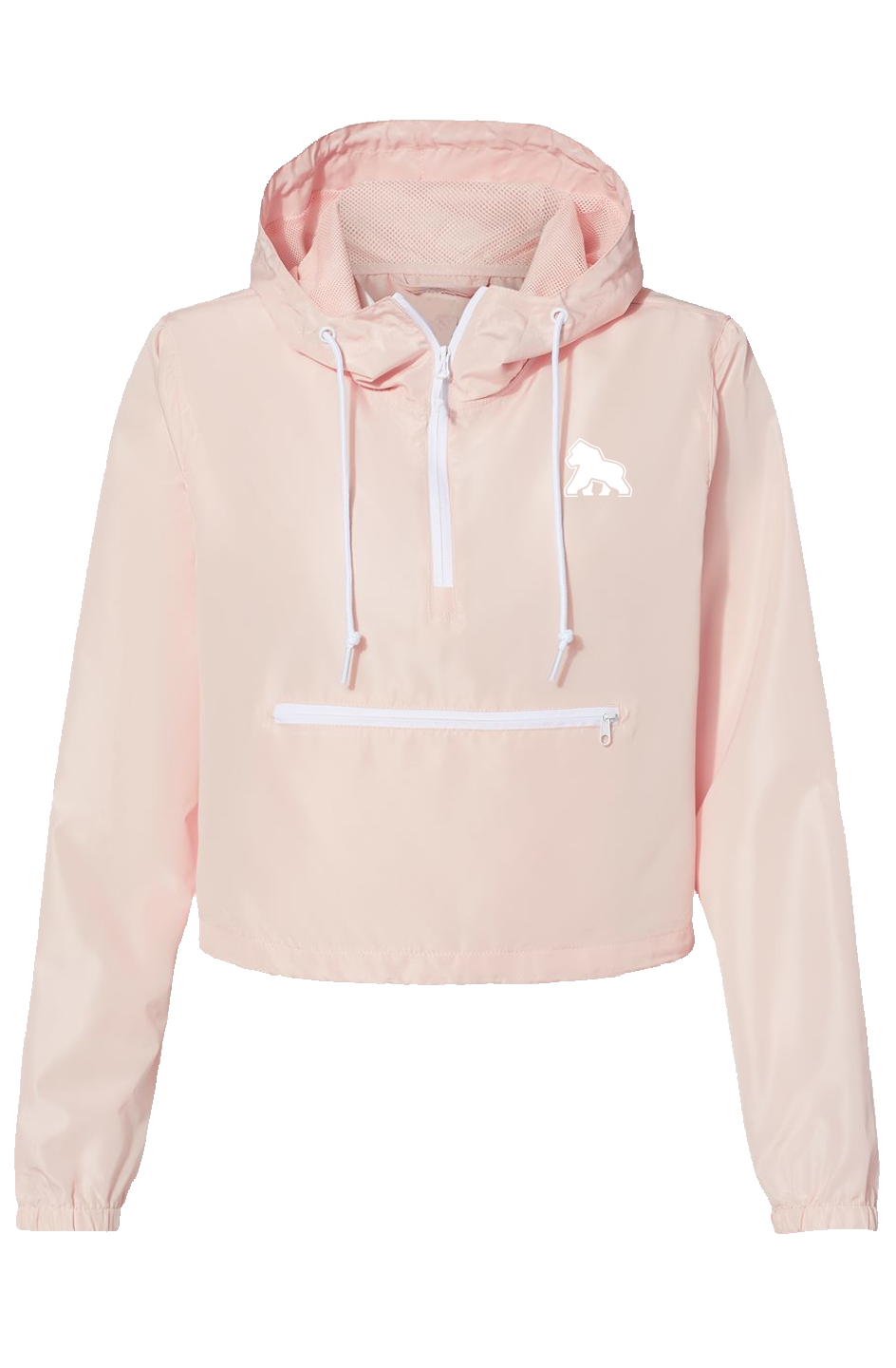 FIT APE women's cropped pullover windbreaker in Blush with a white gorilla chest logo