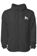 Black FIT APE men's full-zip hooded windbreaker with a small white gorilla logo on the left chest, front view