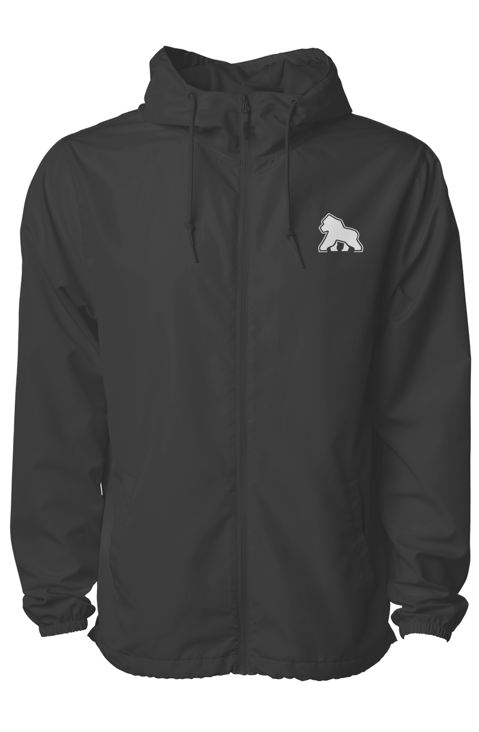 Black FIT APE men's full-zip hooded windbreaker with a small white gorilla logo on the left chest, front view