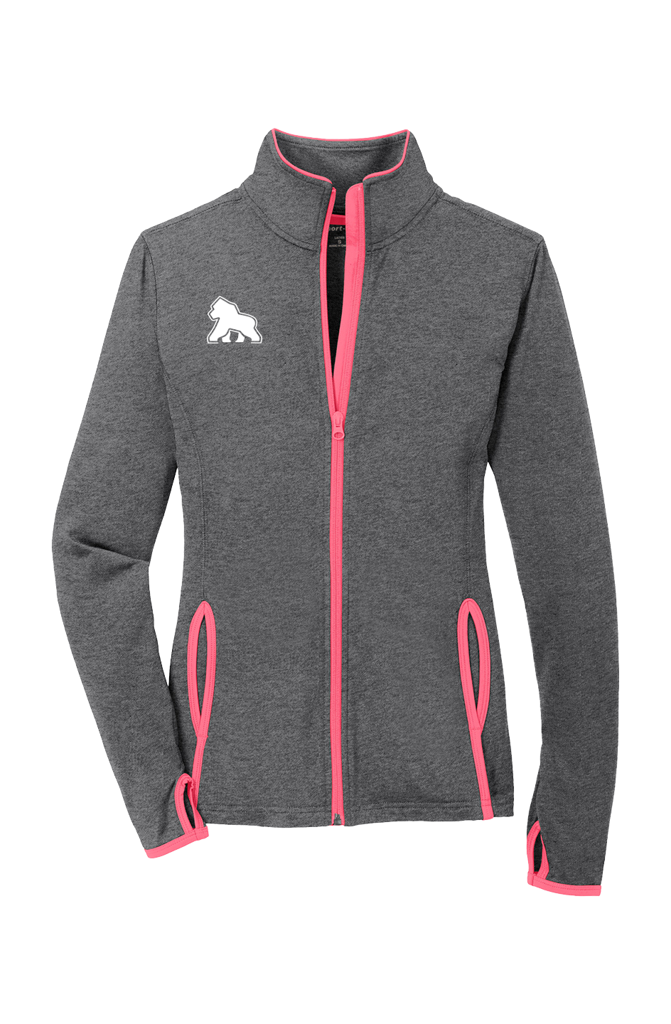 FIT APE women's stretch contrast track jacket in Charcoal Grey Heather with Hot Coral trim