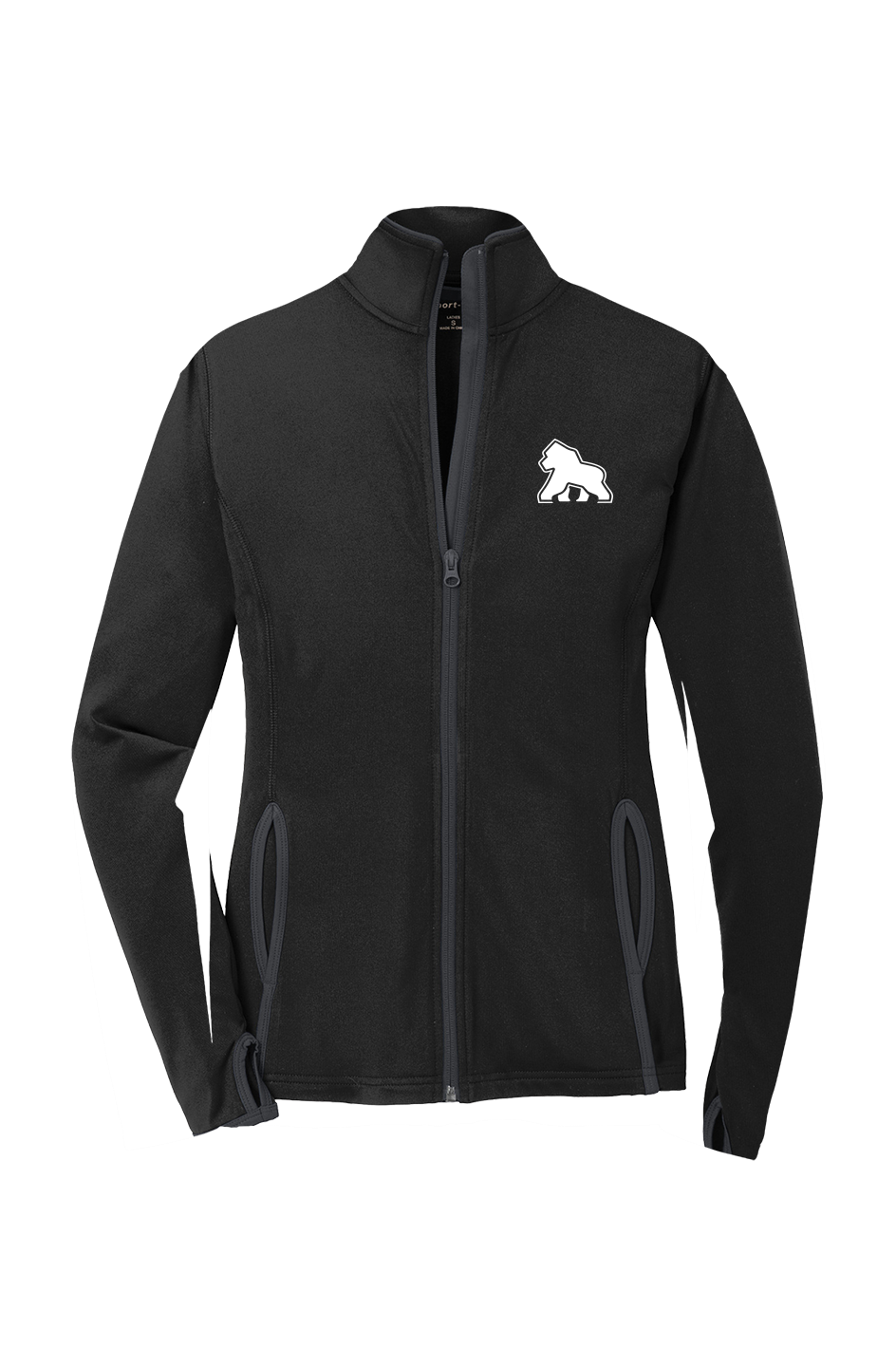 FIT APE men's black full-zip stretch track jacket with charcoal trim and a small white gorilla on the left chest, front view