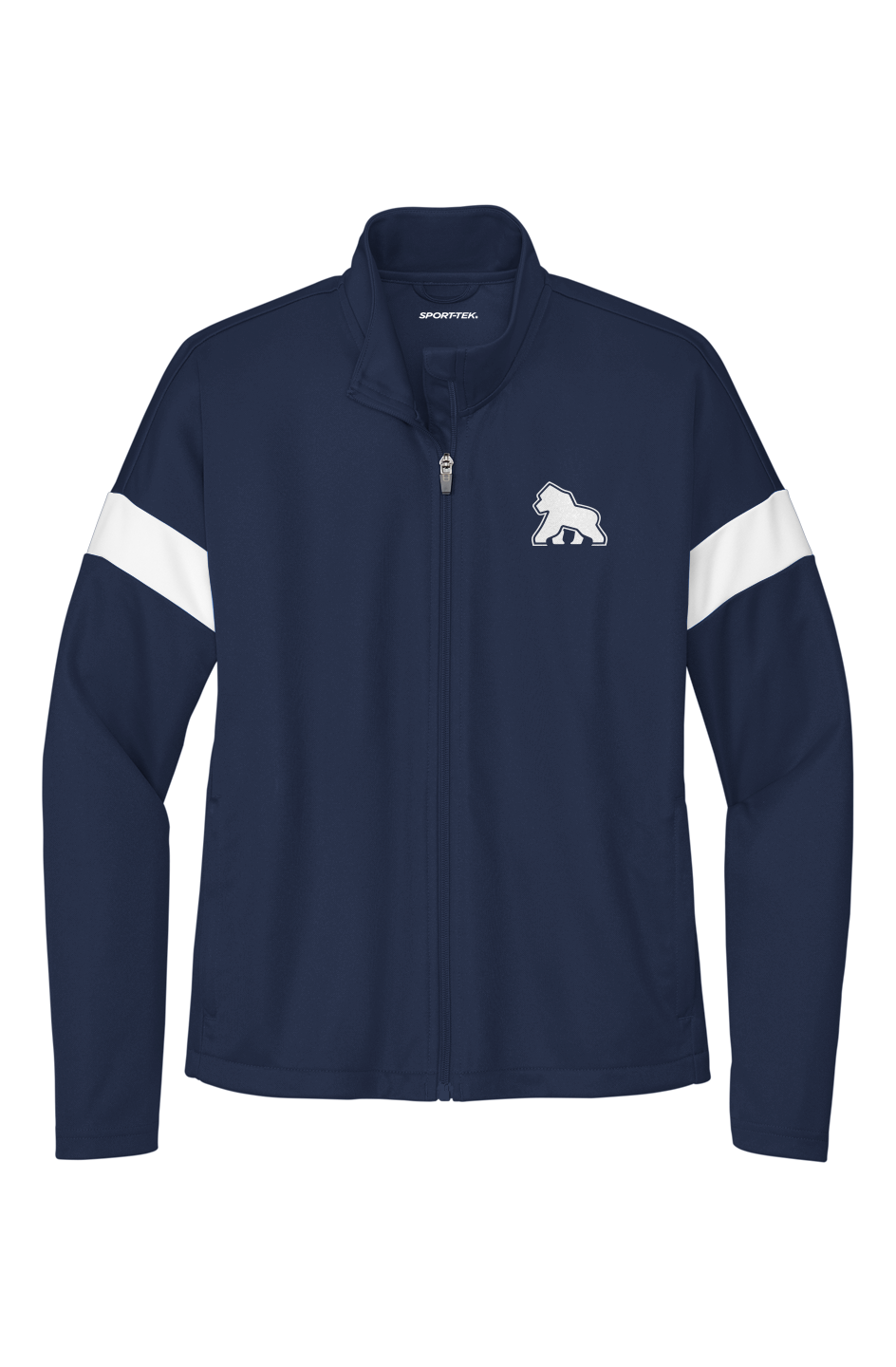 FIT APE women's navy full-zip travel jacket with white sleeve panels and a small white gorilla on the left chest, front view