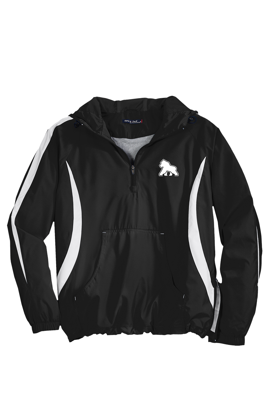 FIT APE men's black hooded half-zip anorak with white contrast panels and a small white gorilla chest logo, front view