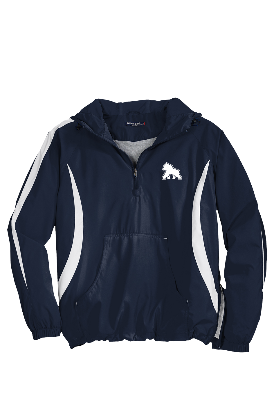 FIT APE men's navy hooded half-zip anorak with white contrast panels and a small white gorilla chest logo, front view