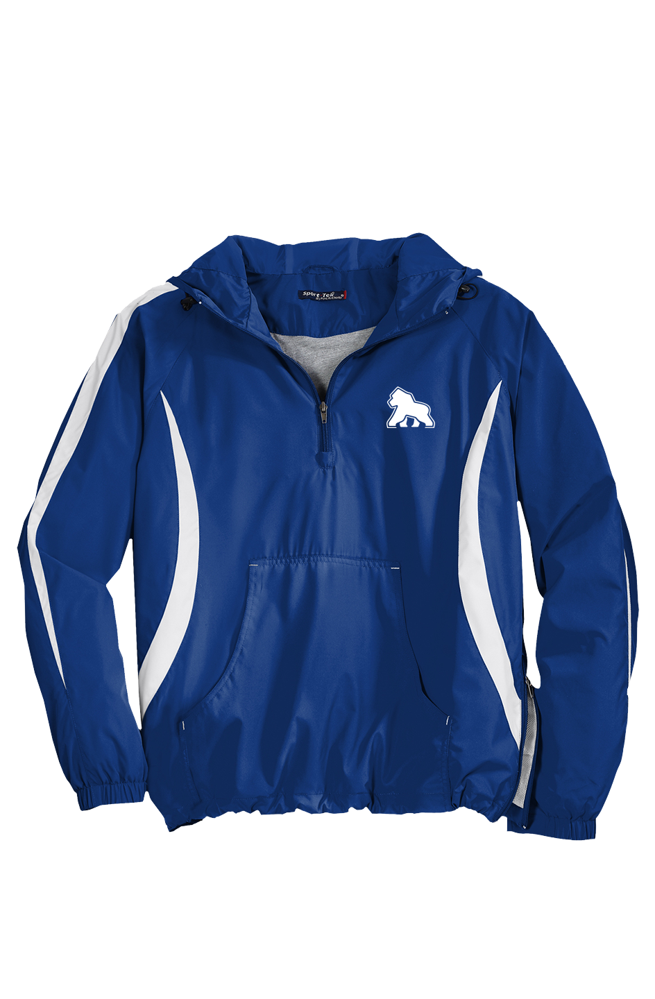 FIT APE men's royal blue hooded half-zip anorak with white contrast panels and a small white gorilla chest logo, front view