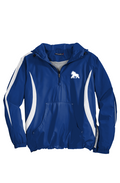 FIT APE men's royal blue hooded half-zip anorak with white contrast panels and a small white gorilla chest logo, front view