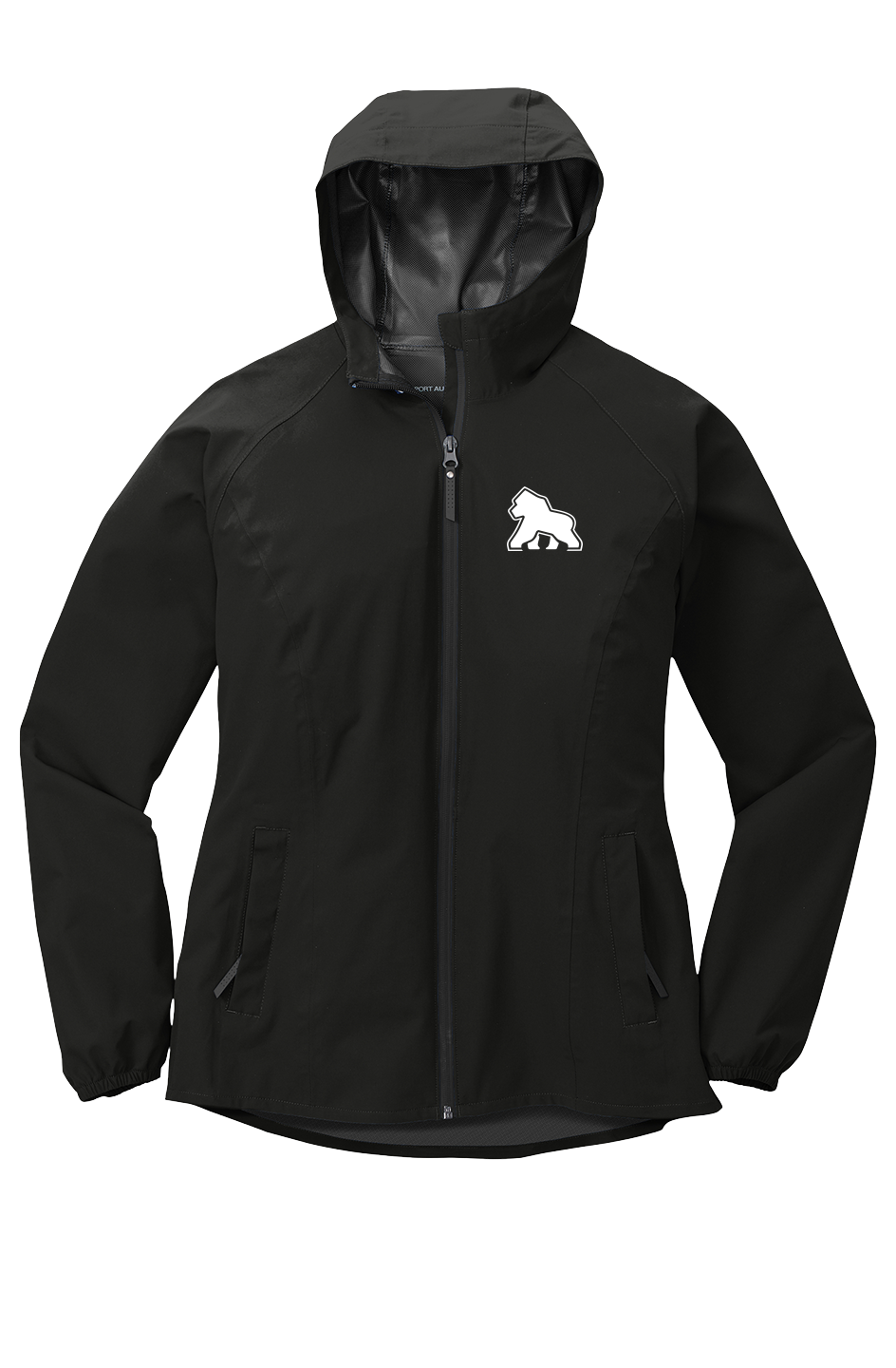 FIT APE women's deep black hooded full-zip rain jacket with a small white gorilla on the left chest, front view