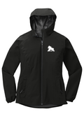 FIT APE women's deep black hooded full-zip rain jacket with a small white gorilla on the left chest, front view