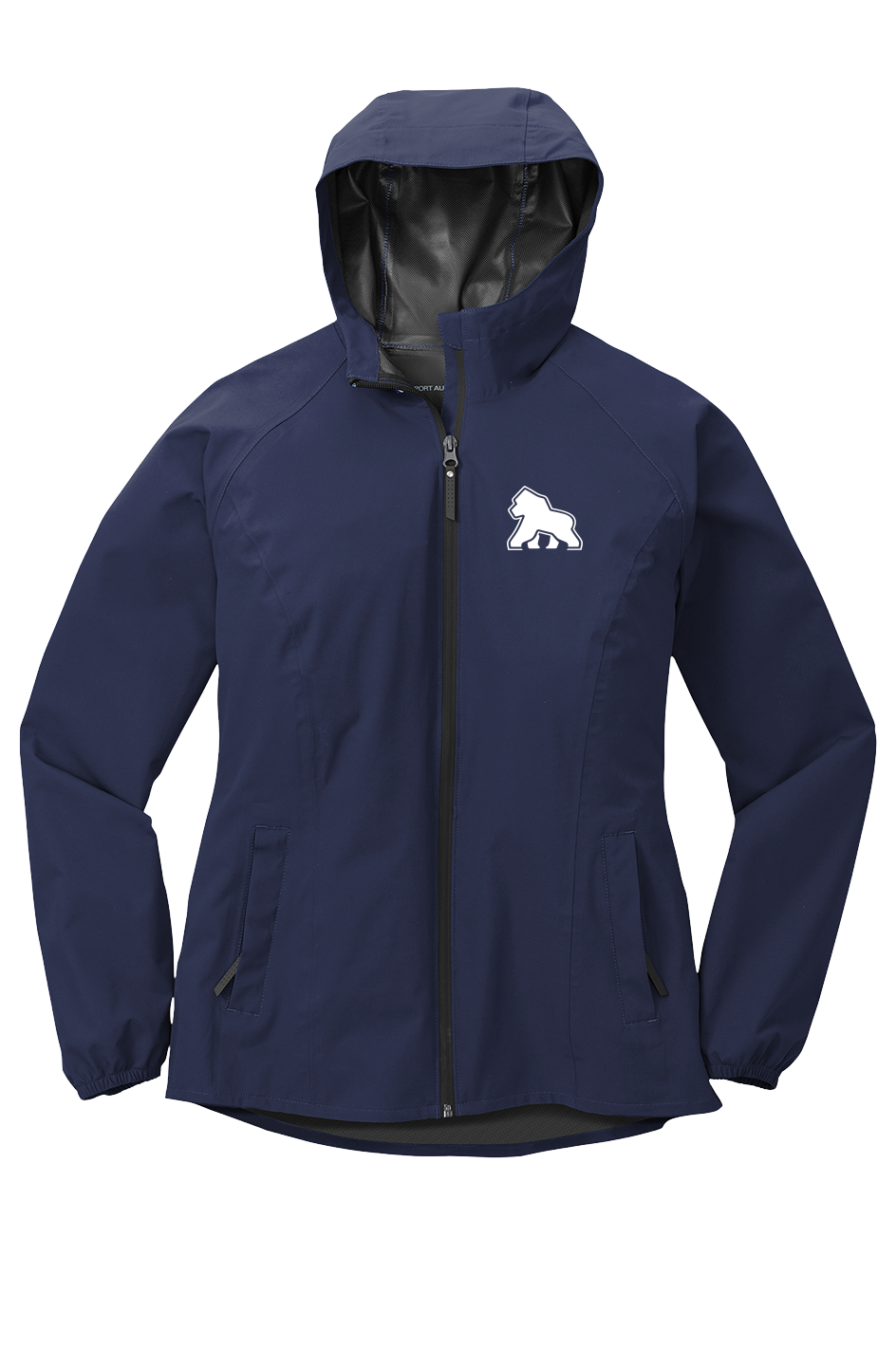 FIT APE women's true navy hooded full-zip rain jacket with a small white gorilla on the left chest, front view
