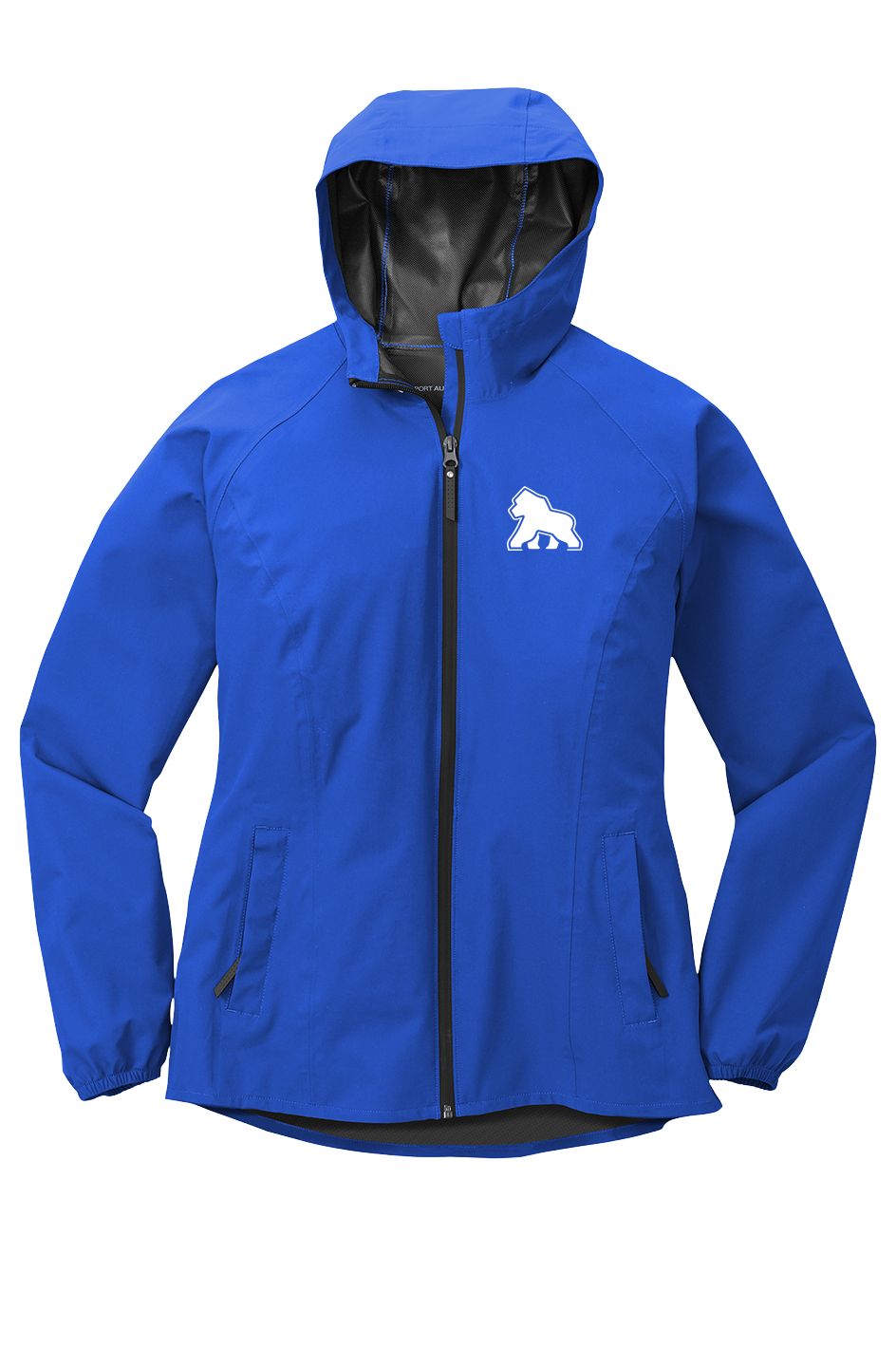 FIT APE women's true royal hooded full-zip rain jacket with a small white gorilla on the left chest, front view