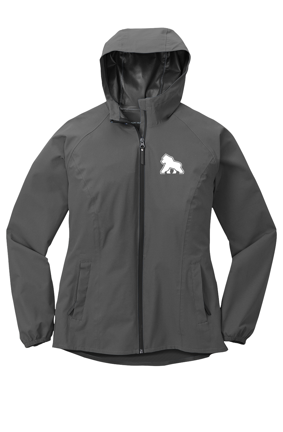 FIT APE women's graphite hooded full-zip rain jacket with a small white gorilla on the left chest, front view