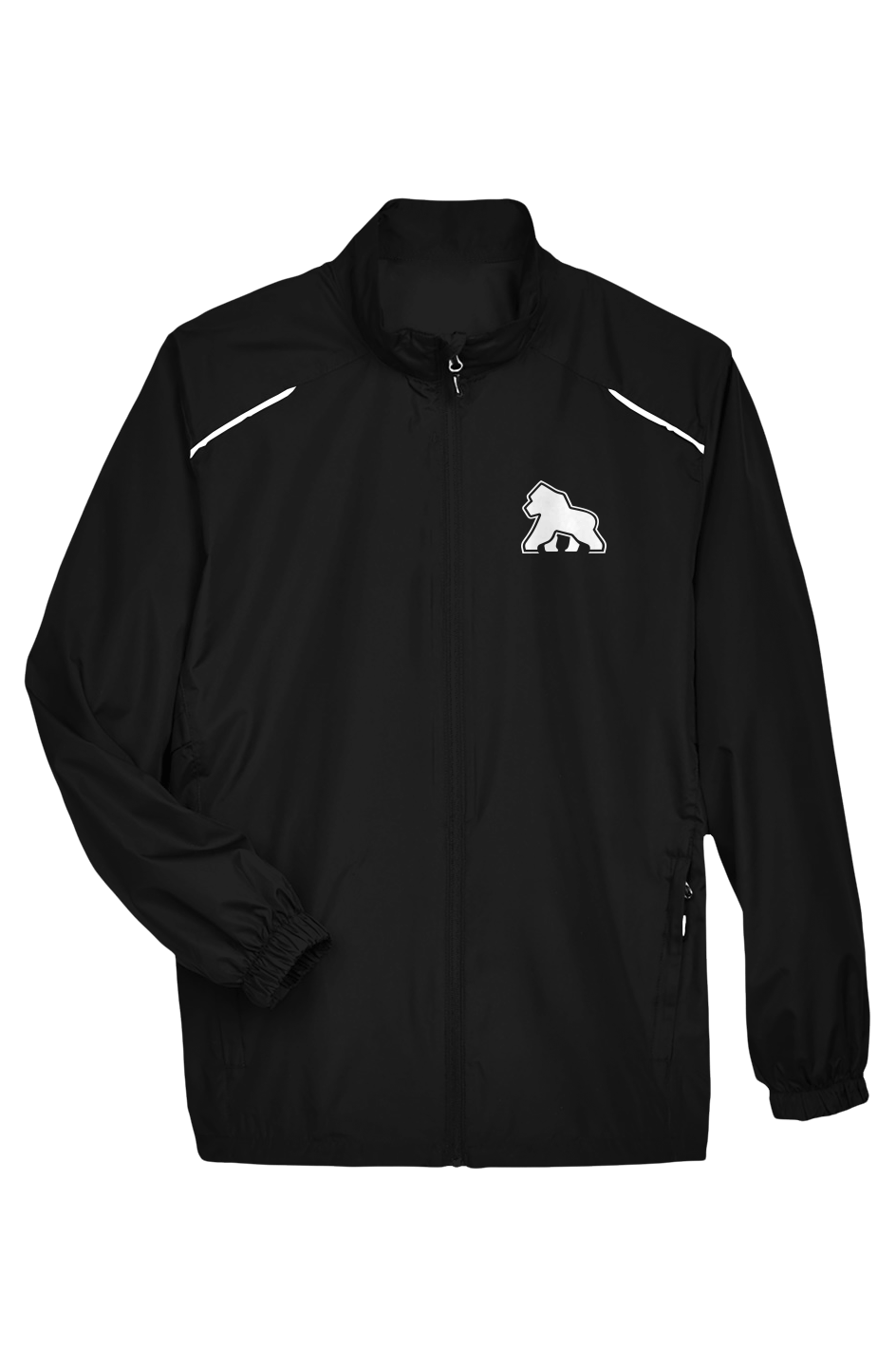 FIT APE men's black lightweight full-zip jacket with reflective piping and a small white gorilla on the left chest, front view