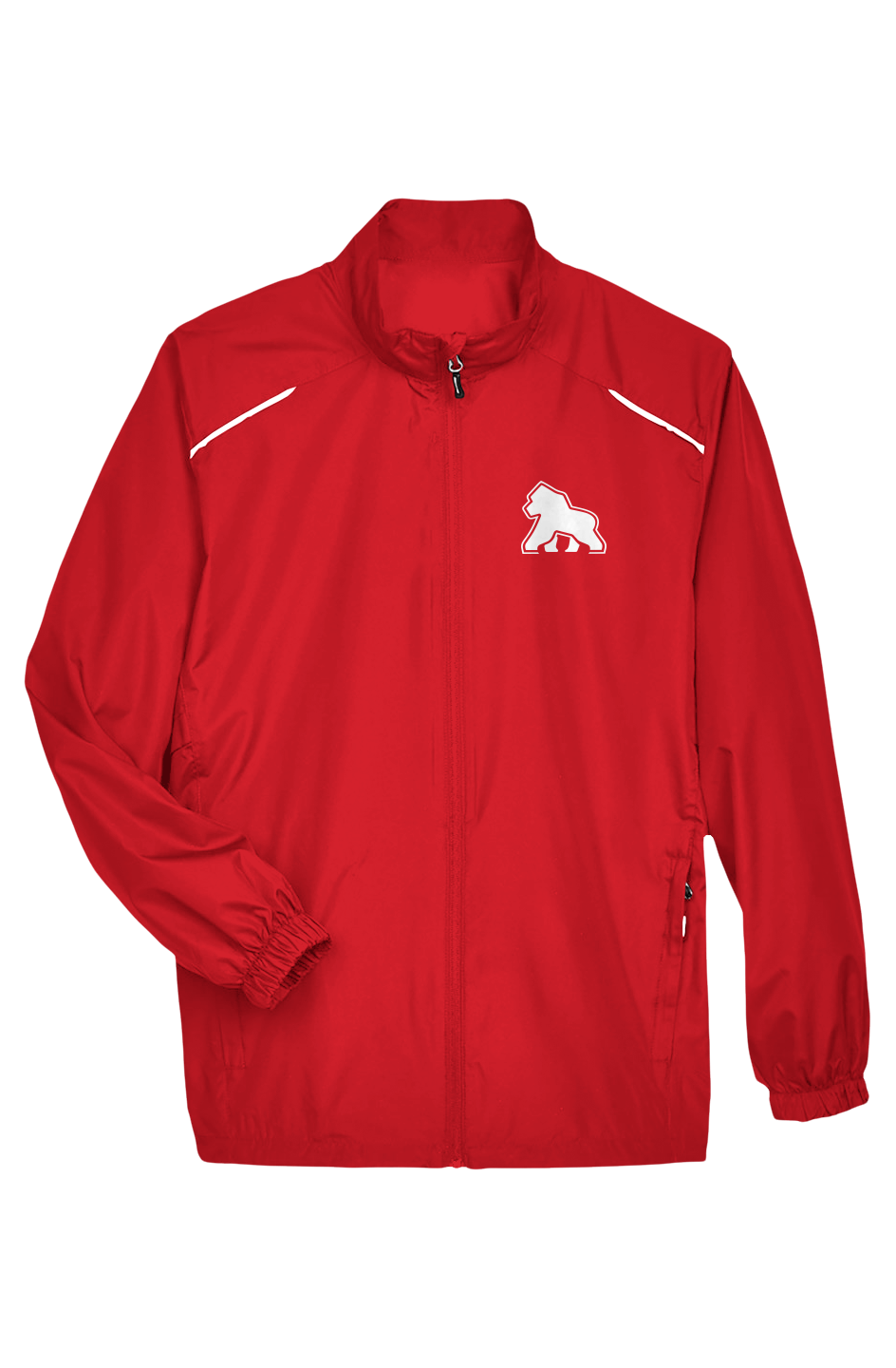 FIT APE men's classic red lightweight full-zip jacket with reflective piping and a small white gorilla on the left chest, front view