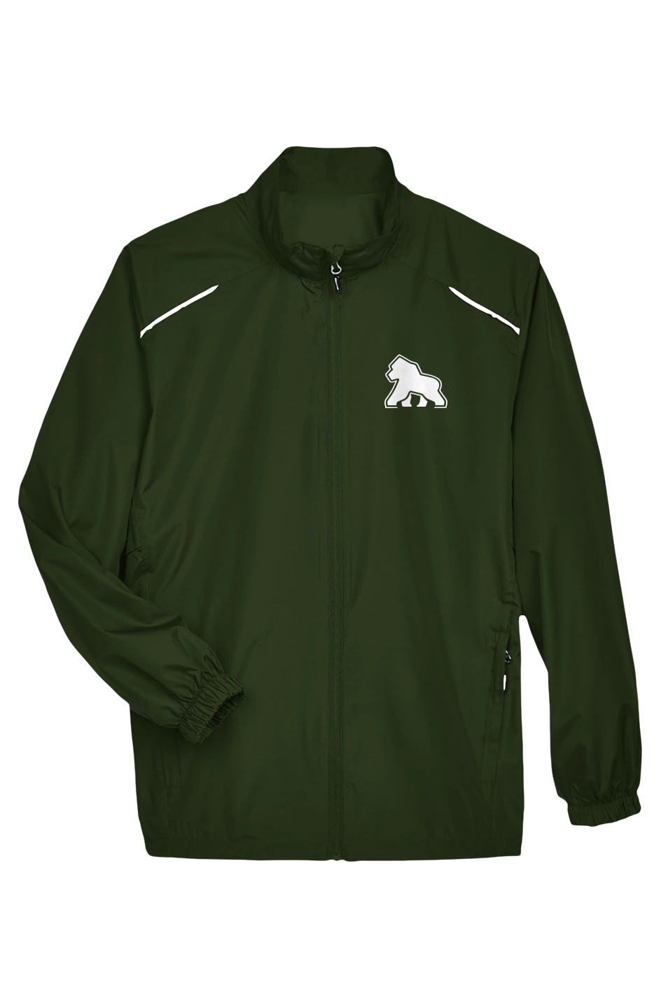 FIT APE men's forest lightweight full-zip jacket with reflective piping and a small white gorilla on the left chest, front view