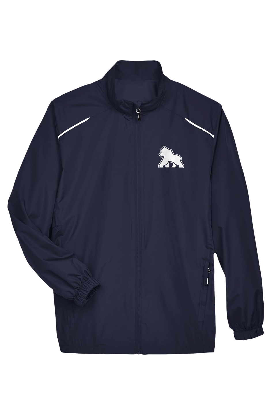 FIT APE men's classic navy lightweight full-zip jacket with reflective piping and a small white gorilla on the left chest, front view