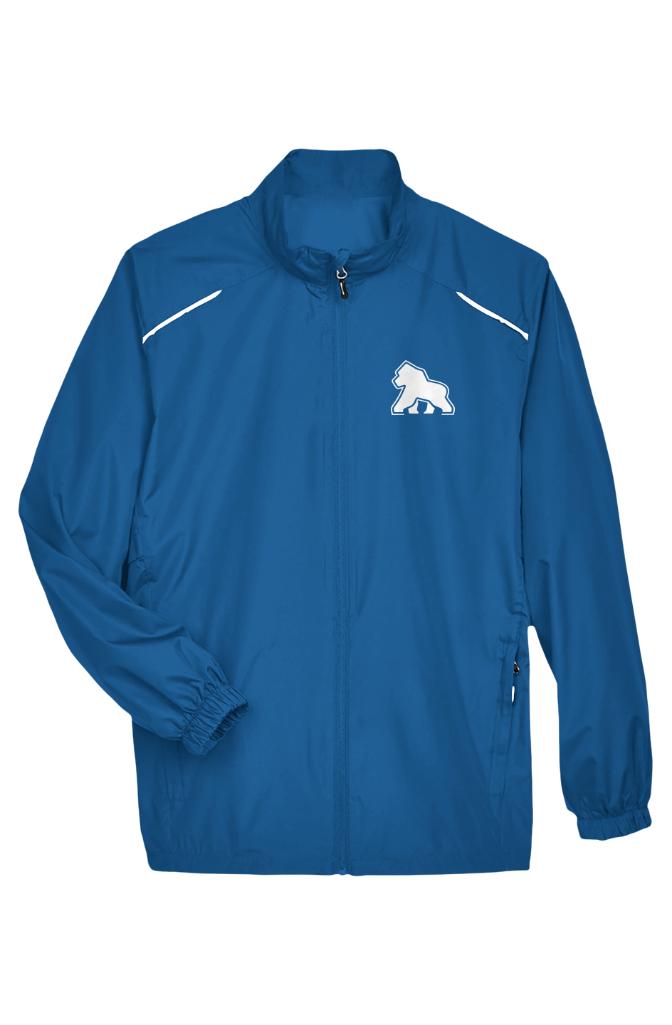 FIT APE men's true royal lightweight full-zip jacket with reflective piping and a small white gorilla on the left chest, front view