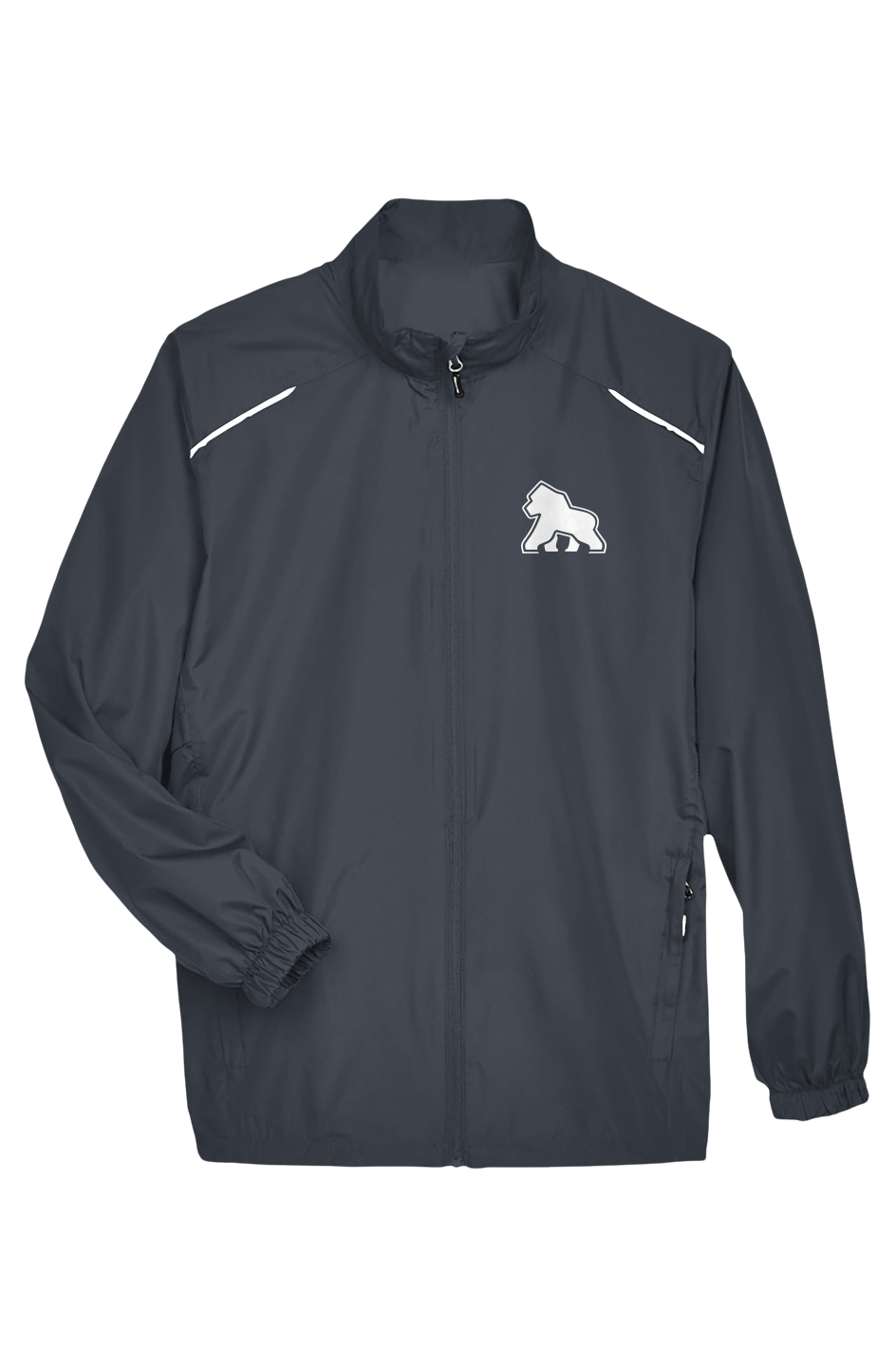 FIT APE men's carbon lightweight full-zip jacket with reflective piping and a small white gorilla on the left chest, front view