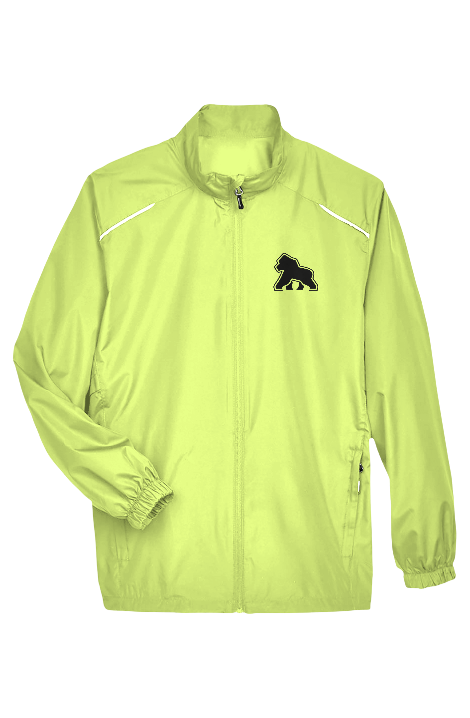 FIT APE men's Safety Yellow lightweight full-zip jacket with reflective piping and a small black gorilla on the left chest, front view