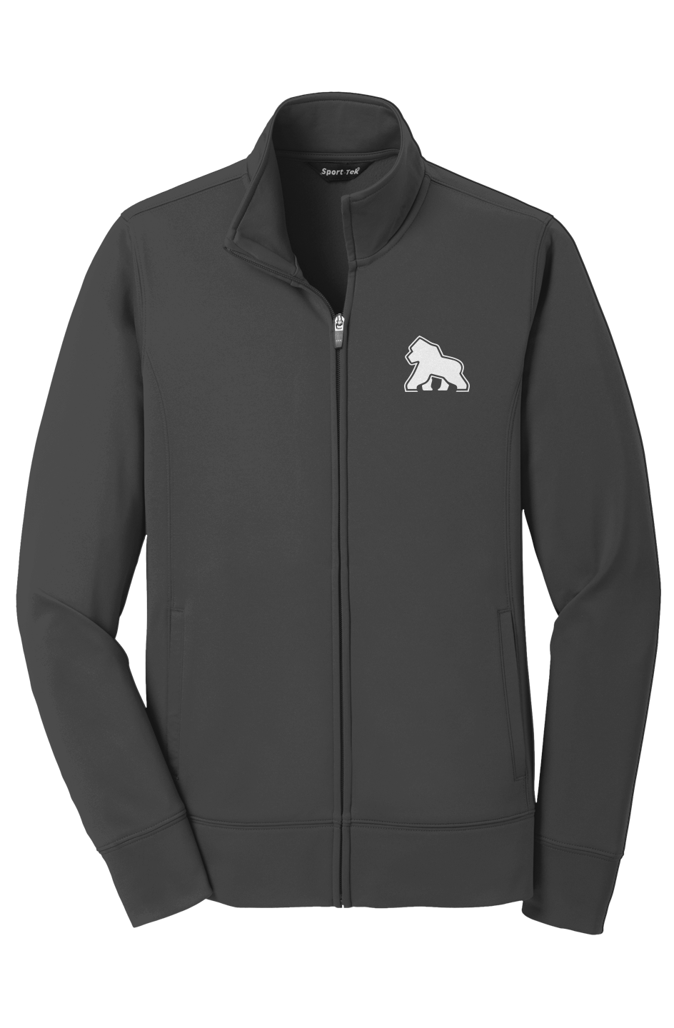 FIT APE women's performance fleece full-zip jacket in Black with white Gorilla Only chest logo, front view