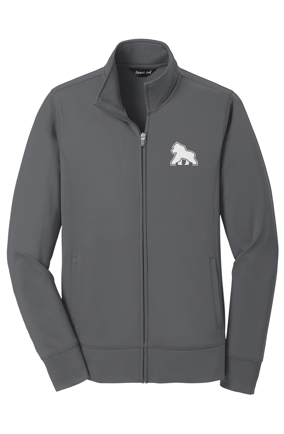 FIT APE women's performance fleece full-zip jacket in Dark Smoke Grey with white Gorilla Only chest logo, front view