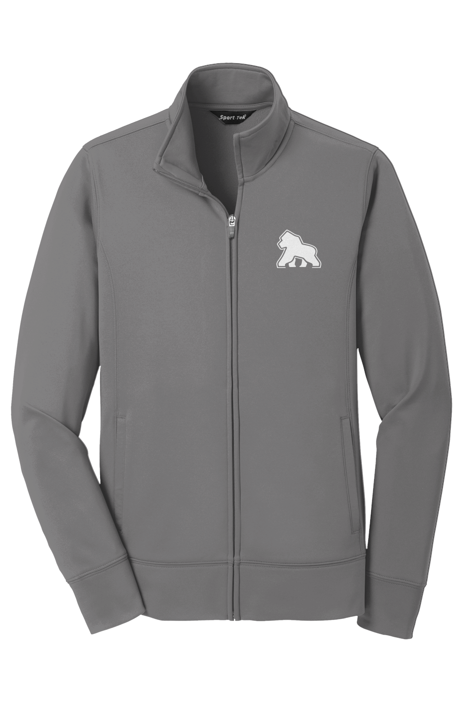 FIT APE women's performance fleece full-zip jacket in Graphite with white Gorilla Only chest logo, front view