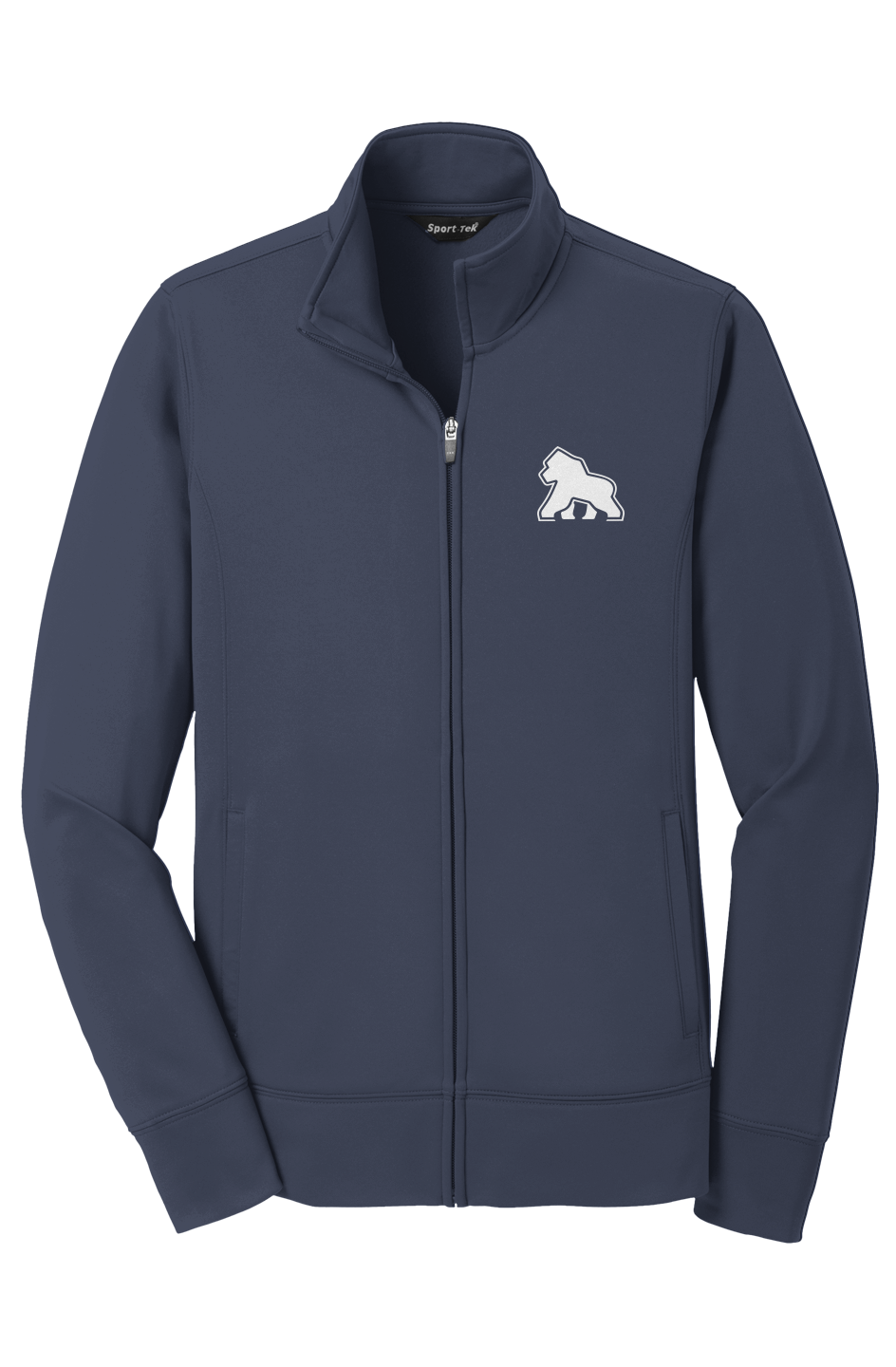 FIT APE women's performance fleece full-zip jacket in Navy with white Gorilla Only chest logo, front view
