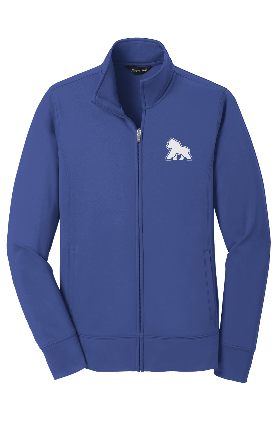 FIT APE women's performance fleece full-zip jacket in True Royal with white Gorilla Only chest logo, front view