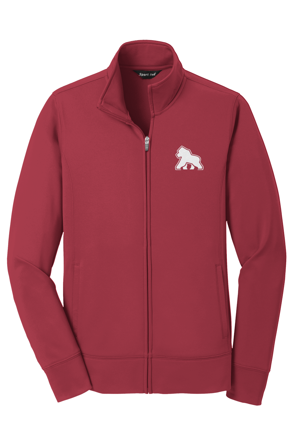 FIT APE women's performance fleece full-zip jacket in Deep Red with white Gorilla Only chest logo, front view