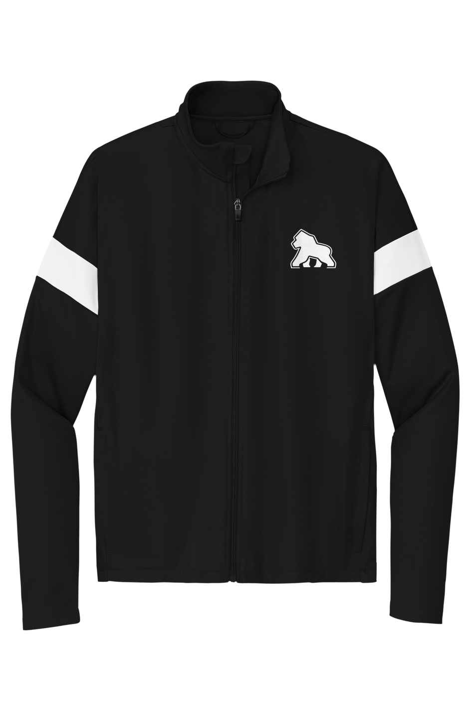 FIT APE men's colorblock travel full-zip jacket in Black/White with white Gorilla Only chest logo, front view