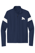 FIT APE men's colorblock travel full-zip jacket in True Navy/White with white Gorilla Only chest logo, front view