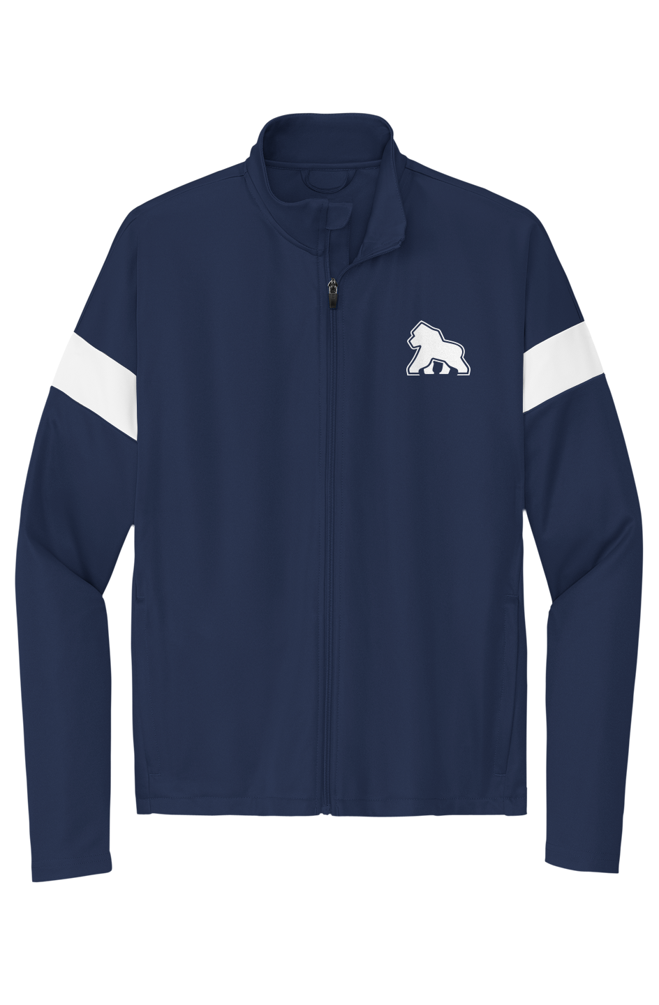 FIT APE men's colorblock travel full-zip jacket in True Navy/White with white Gorilla Only chest logo, front view