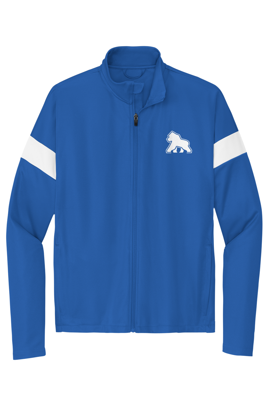 FIT APE men's colorblock travel full-zip jacket in True Royal/White with white Gorilla Only chest logo, front view