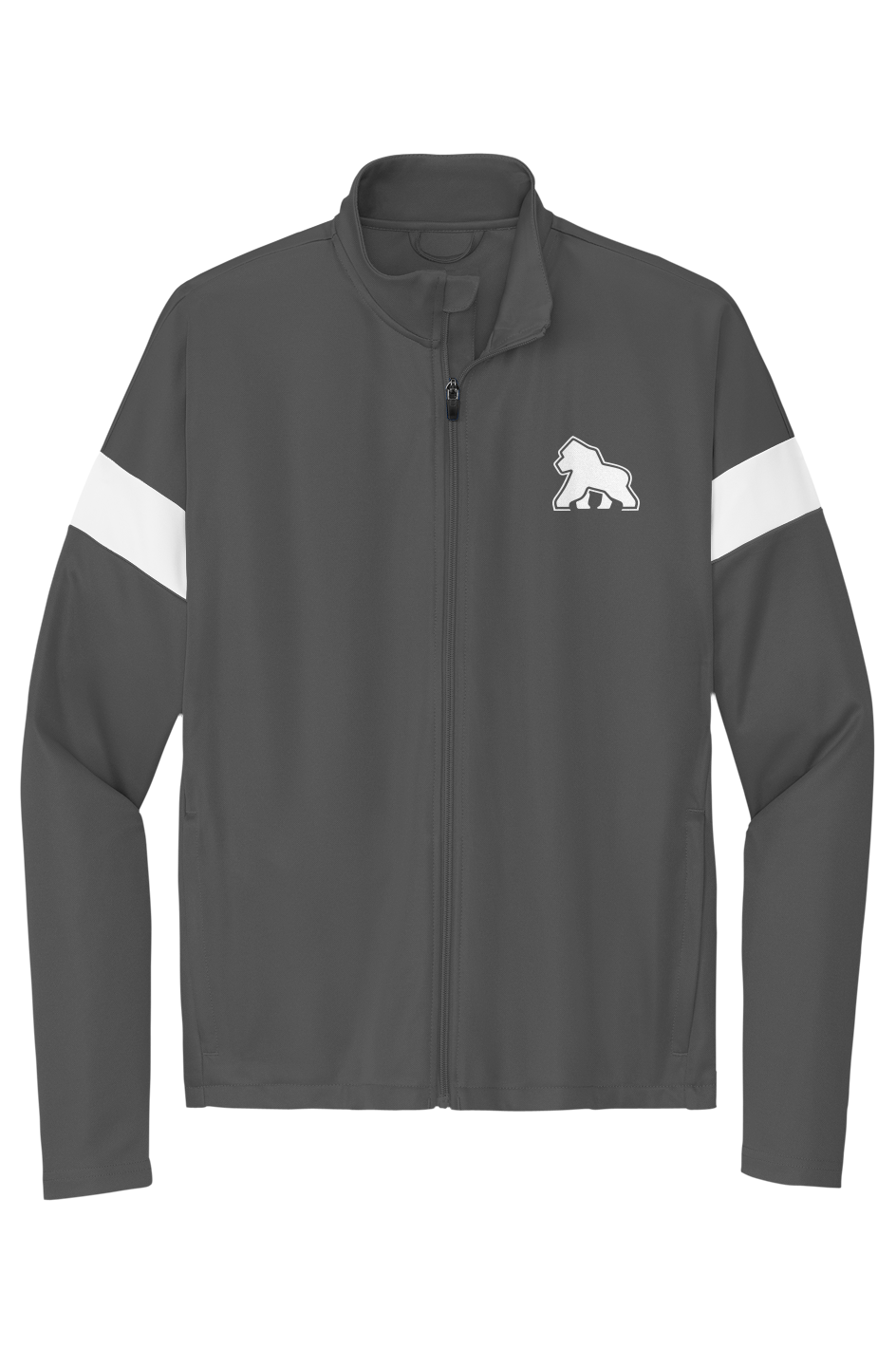 FIT APE men's colorblock travel full-zip jacket in Iron Grey/White with white Gorilla Only chest logo, front view