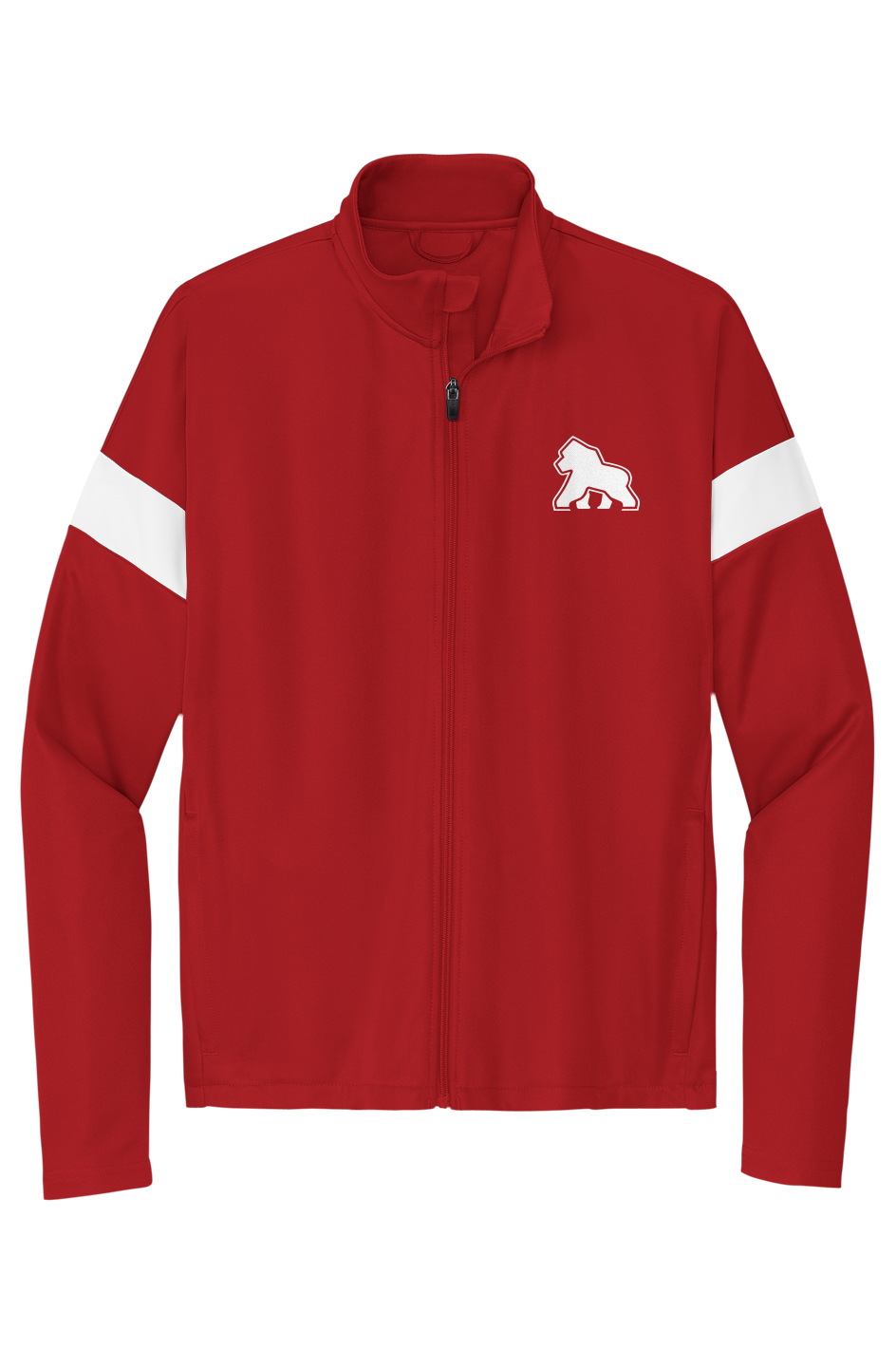 FIT APE men's colorblock travel full-zip jacket in Deep Red/White with white Gorilla Only chest logo, front view