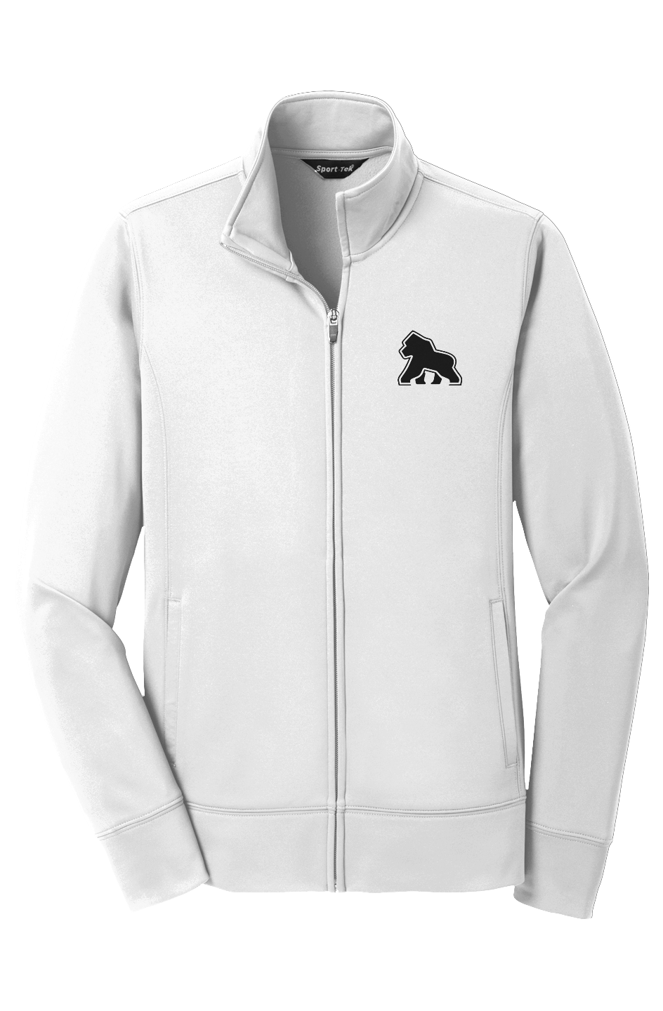 FIT APE women's performance fleece full-zip jacket in white with black Gorilla Only chest logo, front view