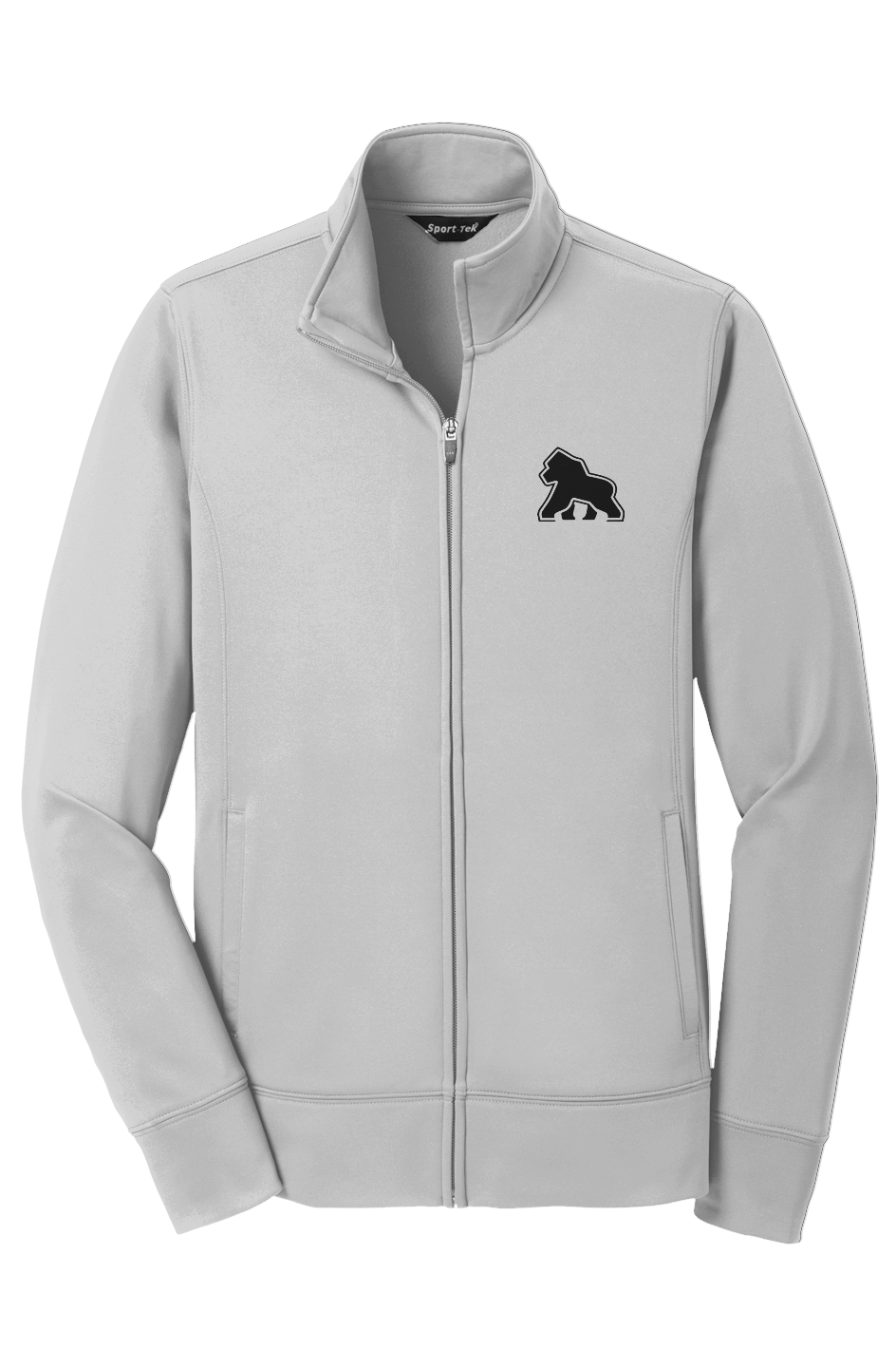 FIT APE women's performance fleece full-zip jacket in silver with black Gorilla Only chest logo, front view