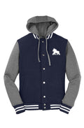 FIT APE men’s hooded letterman jacket in True Navy with Vintage Heather sleeves and a white Gorilla Only chest logo