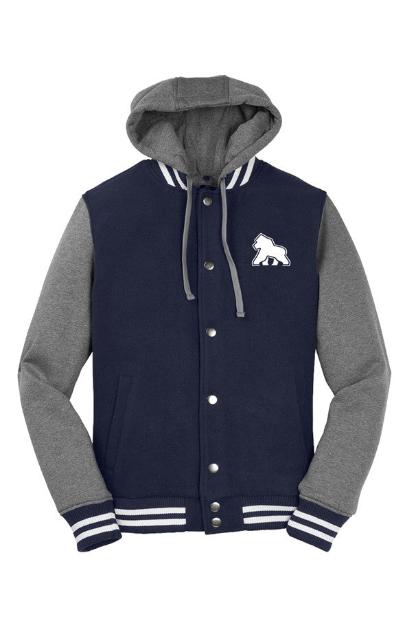 FIT APE men’s hooded letterman jacket in True Navy with Vintage Heather sleeves and a white Gorilla Only chest logo